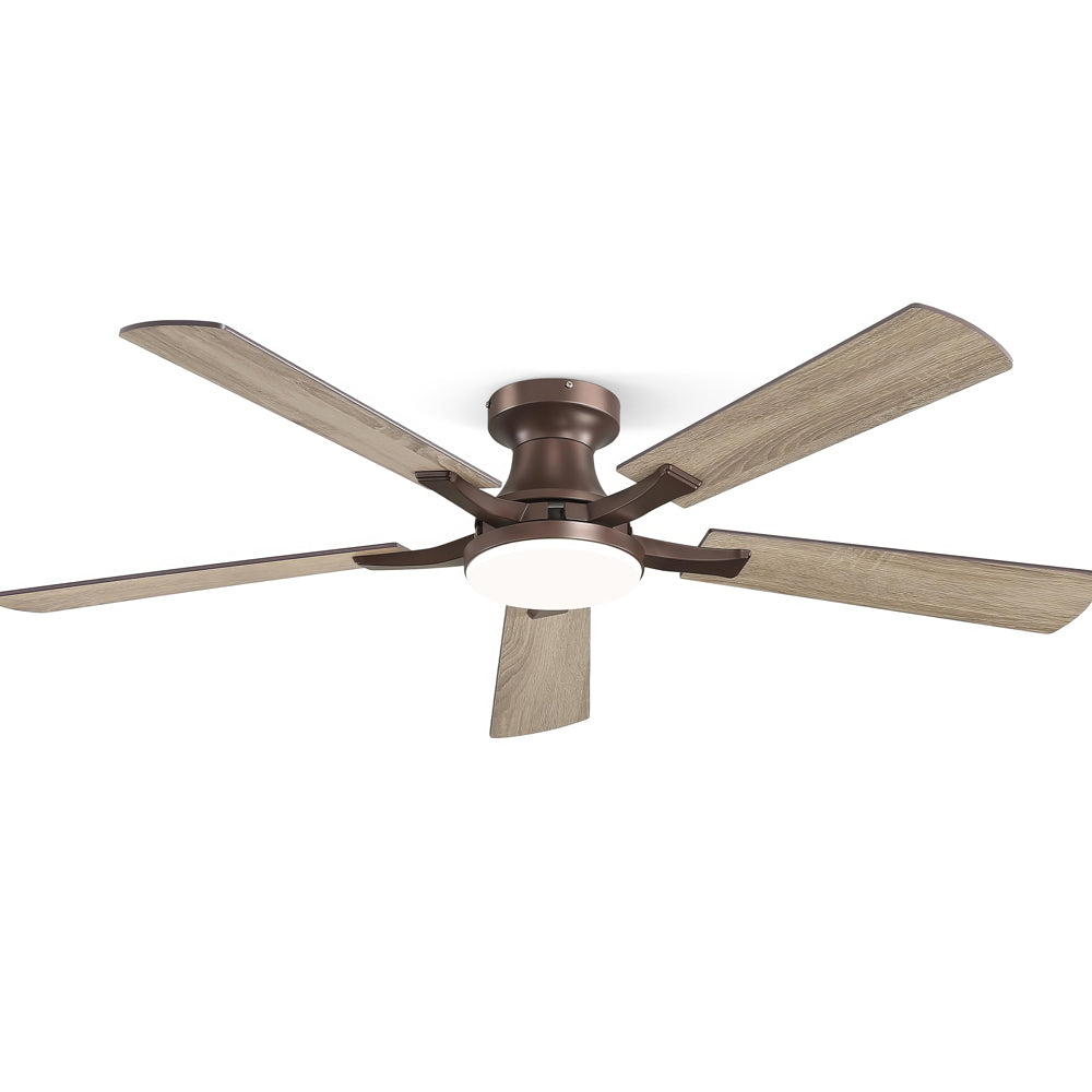 52" Flush Mount Ceiling Fan w/Light, App & Remote, Dimmable LED, Brown
