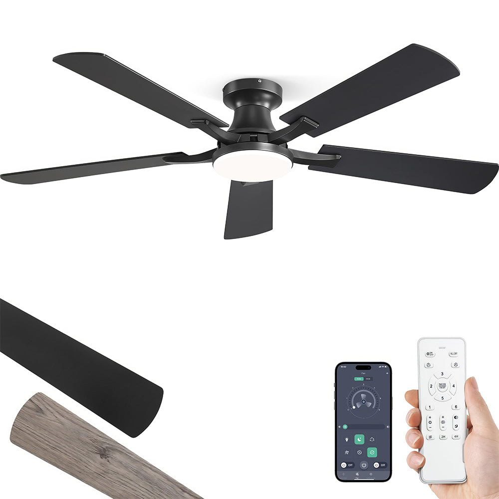 52" Flush Mount Ceiling Fan w/Light, App & Remote, Dimmable LED, Brown