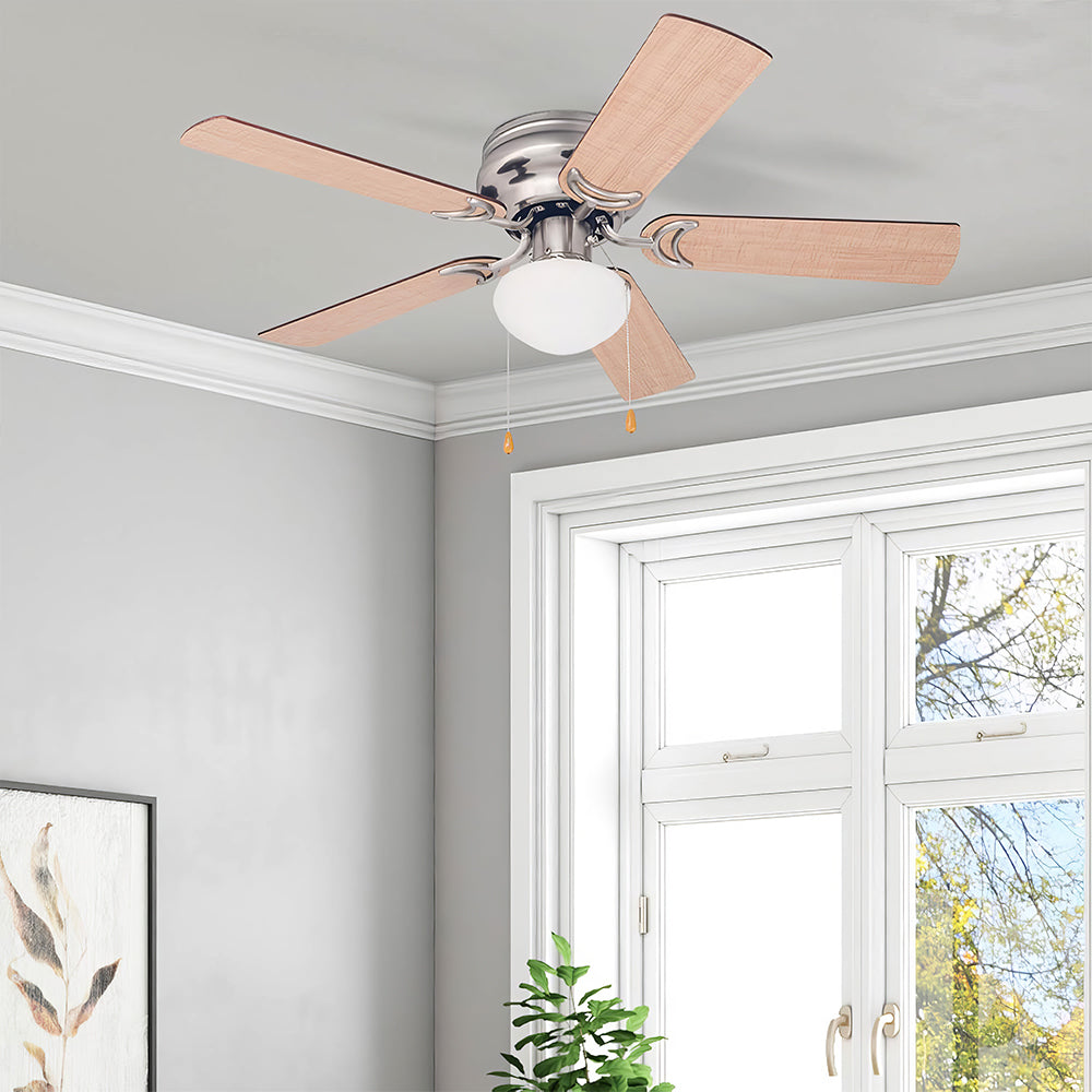 42" Flush Mount Ceiling Fan w/Light & Pull Chain, No Remote, Satin Nickel