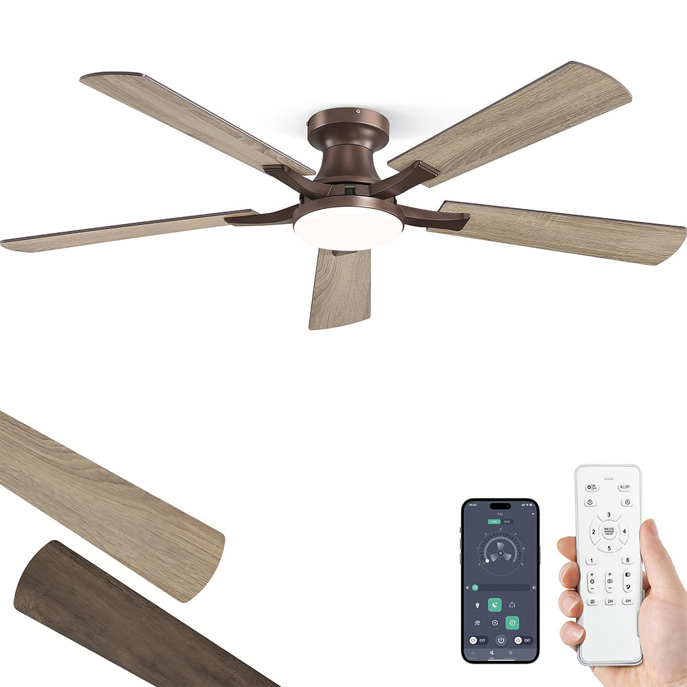 52" Flush Mount Ceiling Fan w/Light, App & Remote, Dimmable LED, Brown
