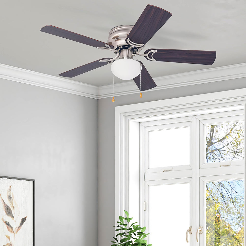 42" Flush Mount Ceiling Fan w/Light & Pull Chain, No Remote, Satin Nickel