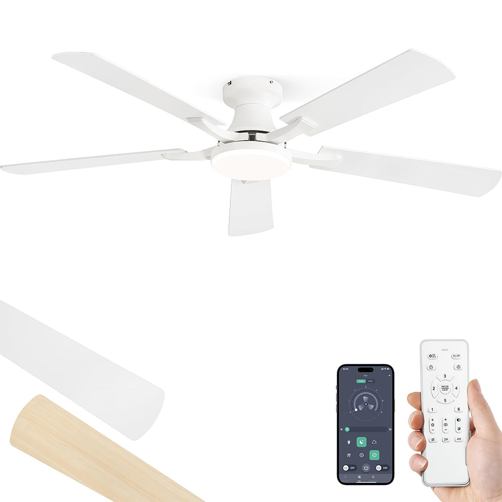 52" Flush Mount Ceiling Fan w/Light, App & Remote, Dimmable LED, Brown
