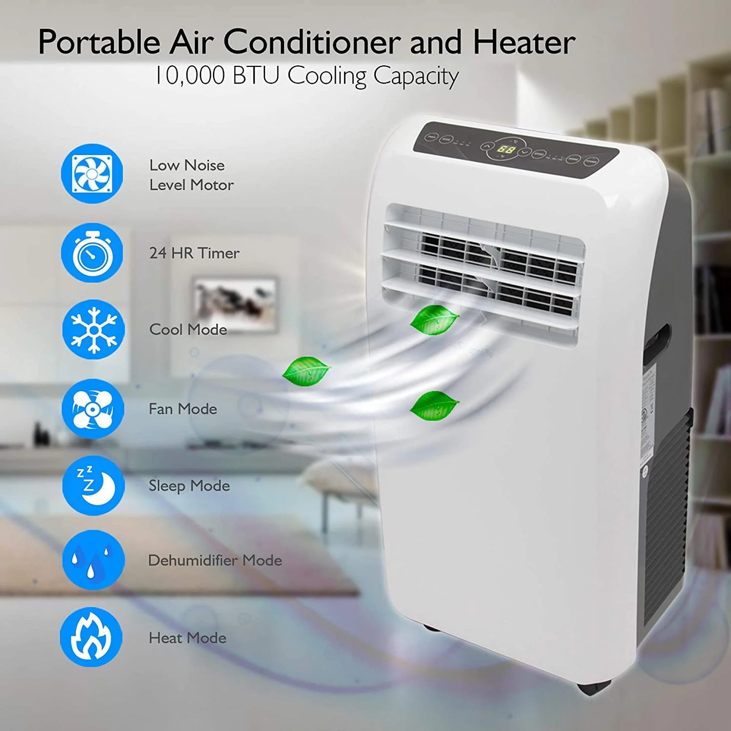 10000 BTU Portable Air Conditioner 9000 BTU Heater 4in1 AC Unit with Builtin Dehumidifier Fan Modes Remote Control Complete Window Exhaust Kit for Rooms Up to 350 Sq Ft