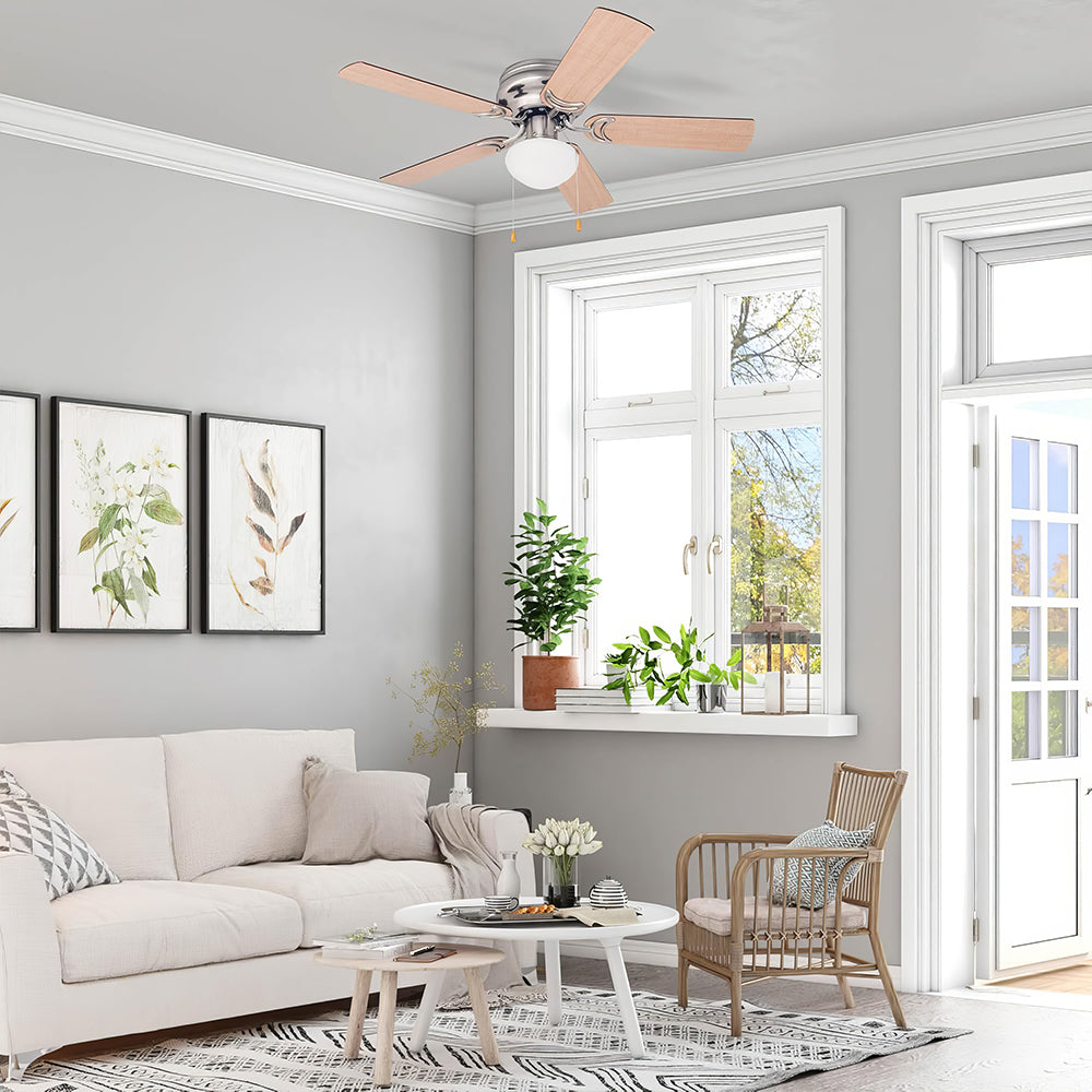 42" Flush Mount Ceiling Fan w/Light & Pull Chain, No Remote, Satin Nickel