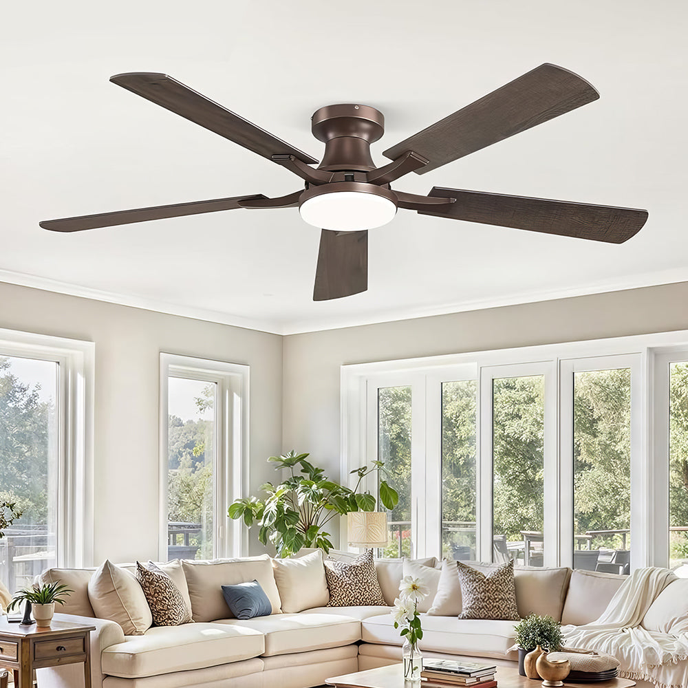 52" Flush Mount Ceiling Fan w/Light, App & Remote, Dimmable LED, Brown