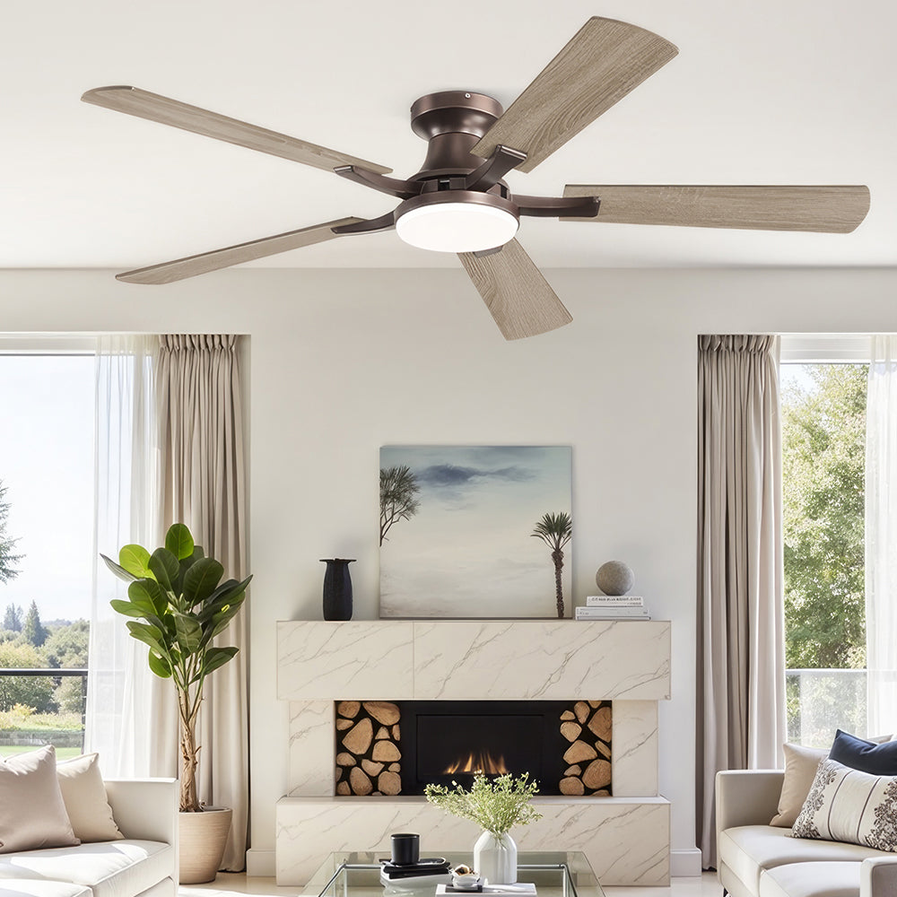 52" Flush Mount Ceiling Fan w/Light, App & Remote, Dimmable LED, Brown