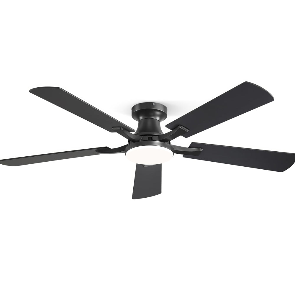 52" Flush Mount Ceiling Fan w/Light, App & Remote, Dimmable LED, Brown