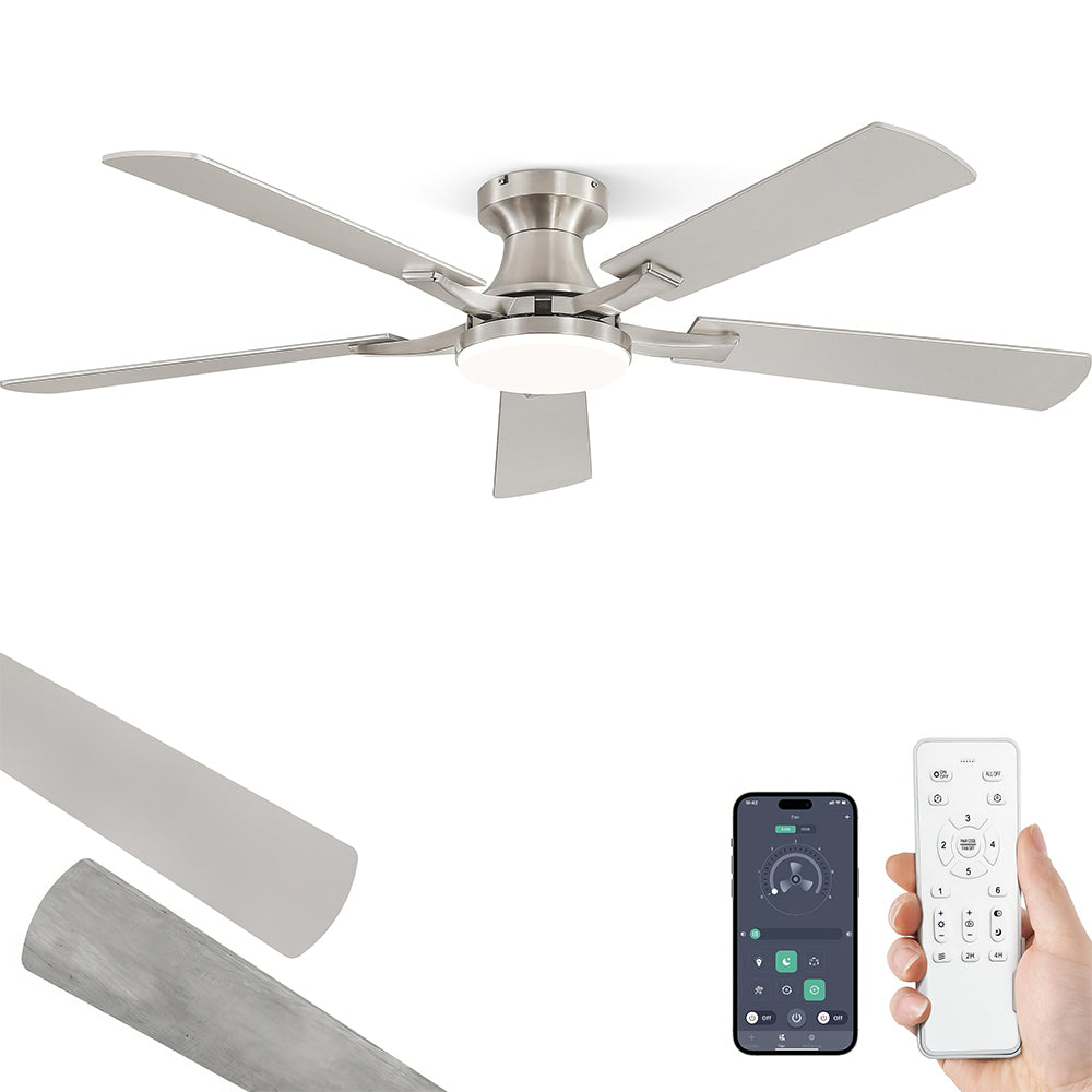 52" Flush Mount Ceiling Fan w/Light, App & Remote, Dimmable LED, Brown